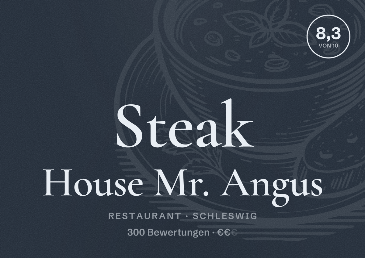 Illustriertes Poster von Steak House Mr. Angus, Restaurant in Schleswig: Bewertung 8,3 von 10 aus 300 Bewertungen, Preisniveau €€