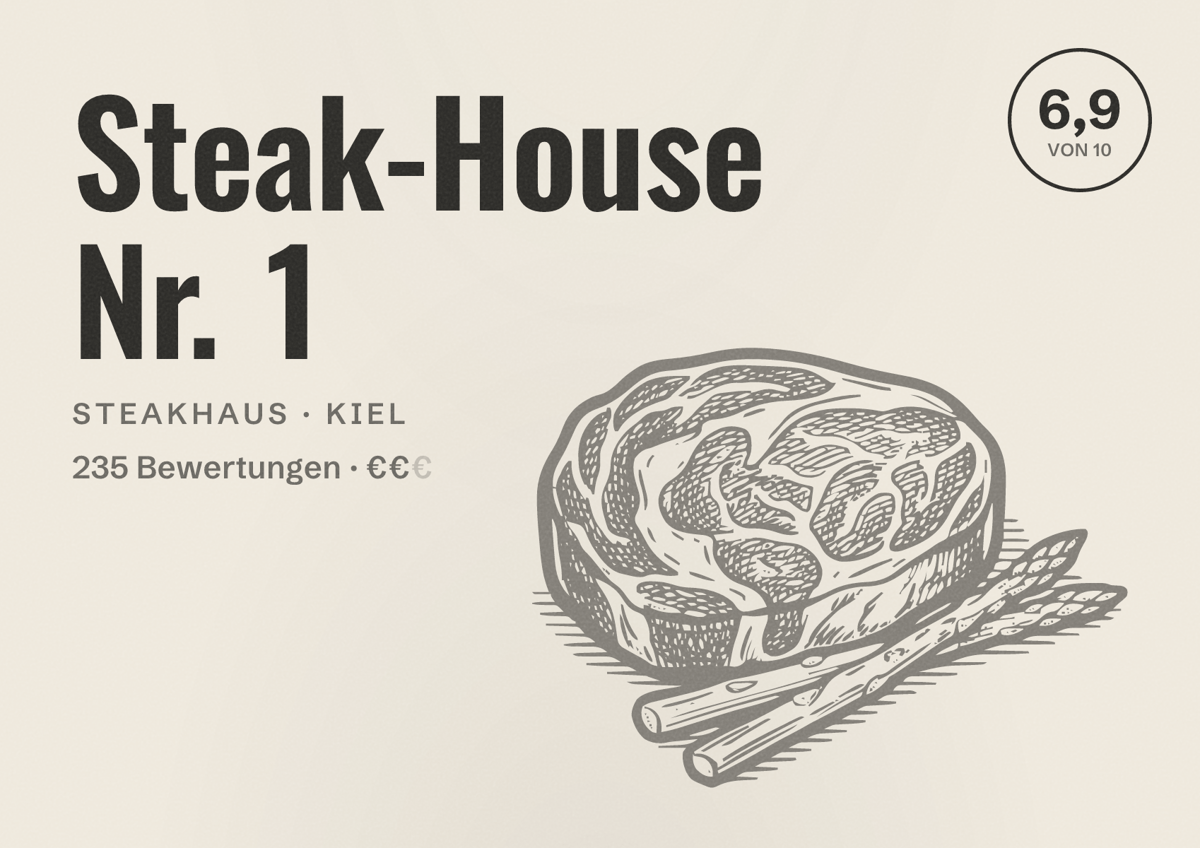 Illustriertes Poster von Steak-House Nr. 1, Steakhaus in Kiel: Bewertung 6,9 von 10 aus 235 Bewertungen, Preisniveau €€