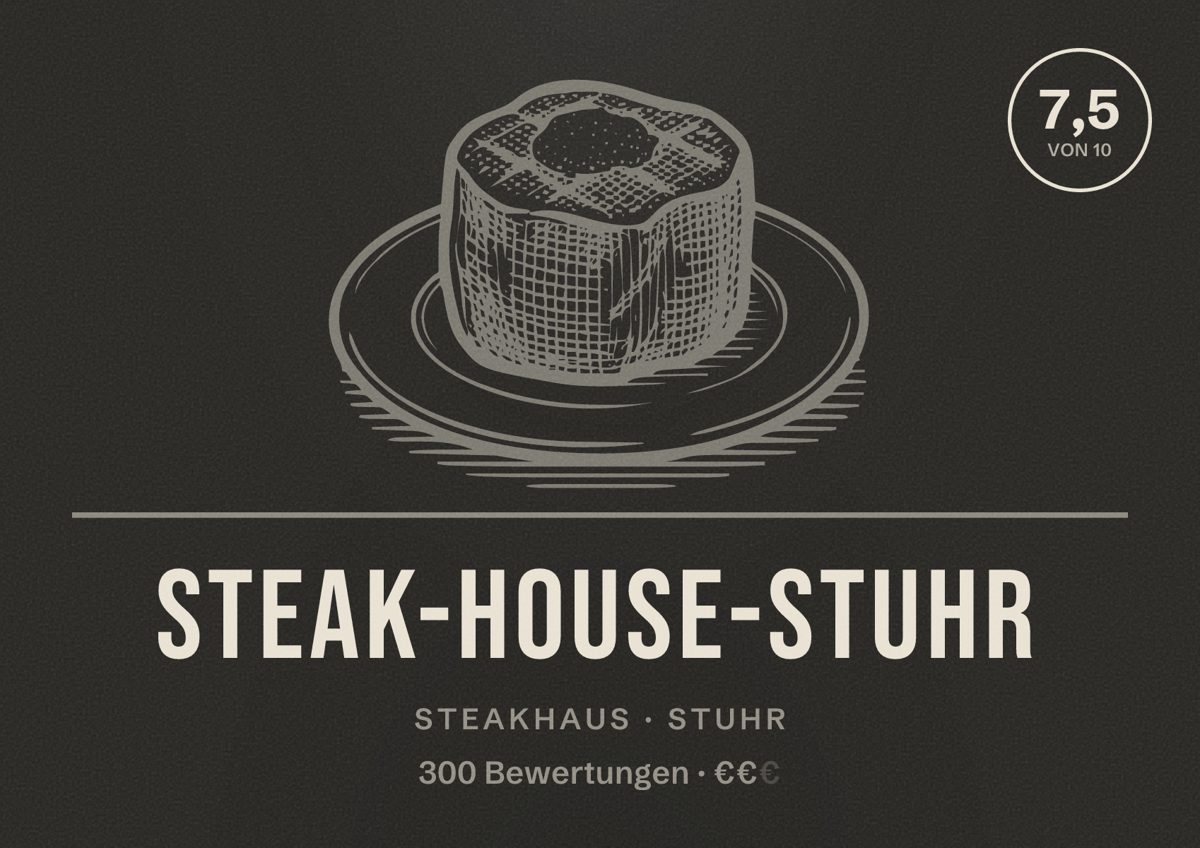 Illustriertes Poster von Steak-House-Stuhr, Steakhaus in Stuhr: Bewertung 7,5 von 10 aus 300 Bewertungen, Preisniveau €€