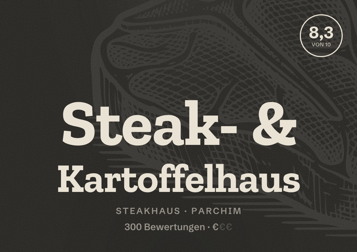 Illustriertes Poster von Steak- & Kartoffelhaus, Steakhaus in Parchim: Bewertung 8,3 von 10 aus 300 Bewertungen, Preisniveau €