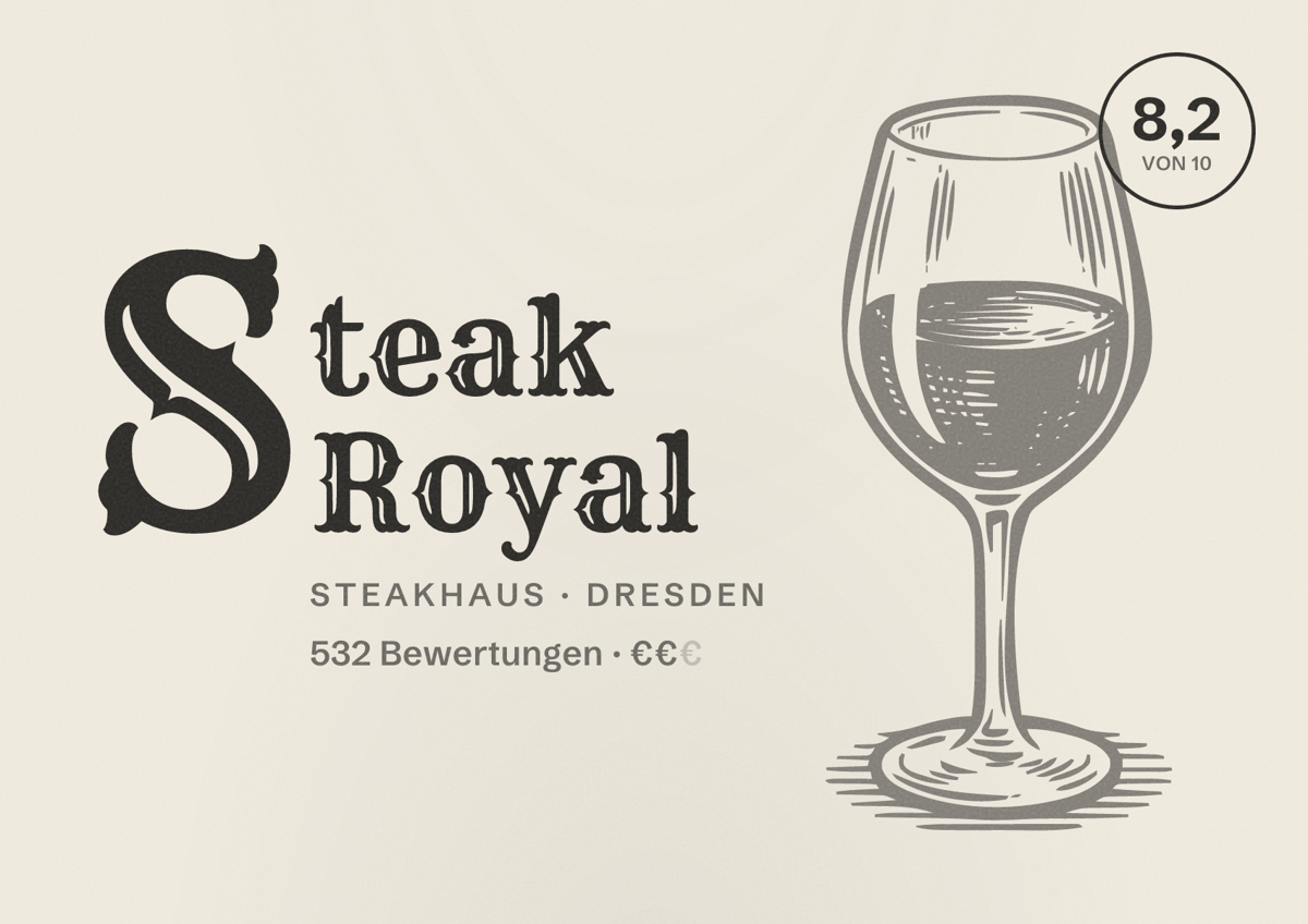 Illustriertes Poster von Steak Royal, Steakhaus in Dresden: Gästebewertung 8,2 von 10 aus 532 Bewertungen