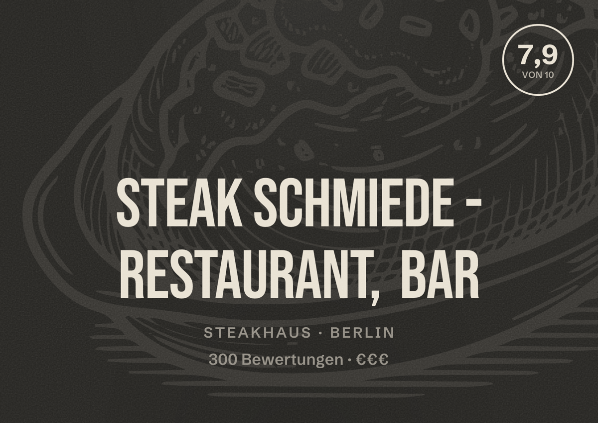 Illustriertes Poster von Steak Schmiede - Restaurant, Bar, Steakhaus in Berlin: Bewertung 7,9 von 10 aus 300 Bewertungen, Preisniveau €€€