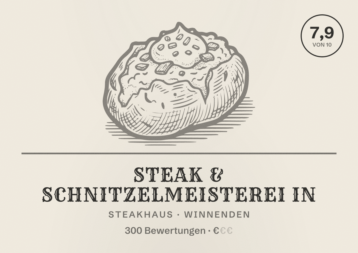 Illustriertes Poster von Steak & Schnitzelmeisterei in, Steakhaus in Winnenden: Bewertung 7,9 von 10 aus 300 Bewertungen, Preisniveau €