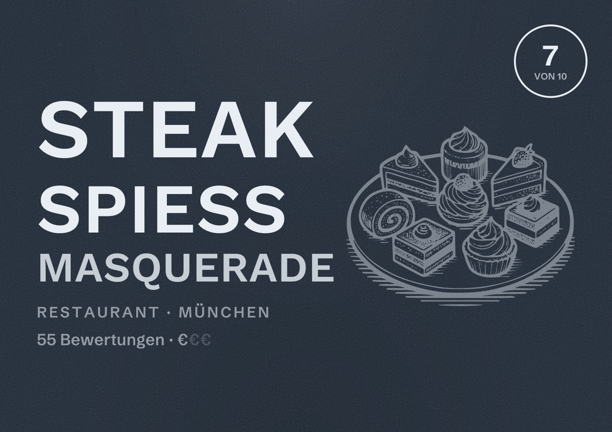 Illustriertes Poster von Steak Spiess Masquerade, Restaurant in München: Bewertung 7,0 von 10 aus 55 Bewertungen, Preisniveau €