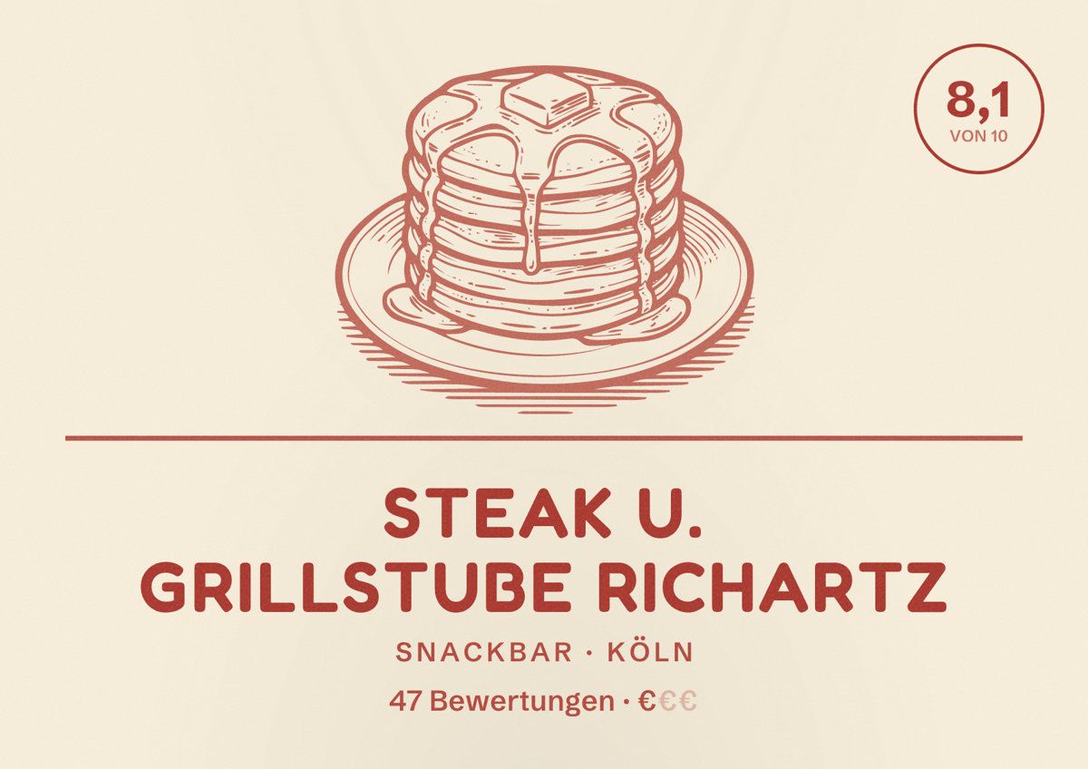 Illustriertes Poster von Steak u. Grillstube Richartz, Snackbar in Köln: Bewertung 8,1 von 10 aus 47 Bewertungen, Preisniveau €