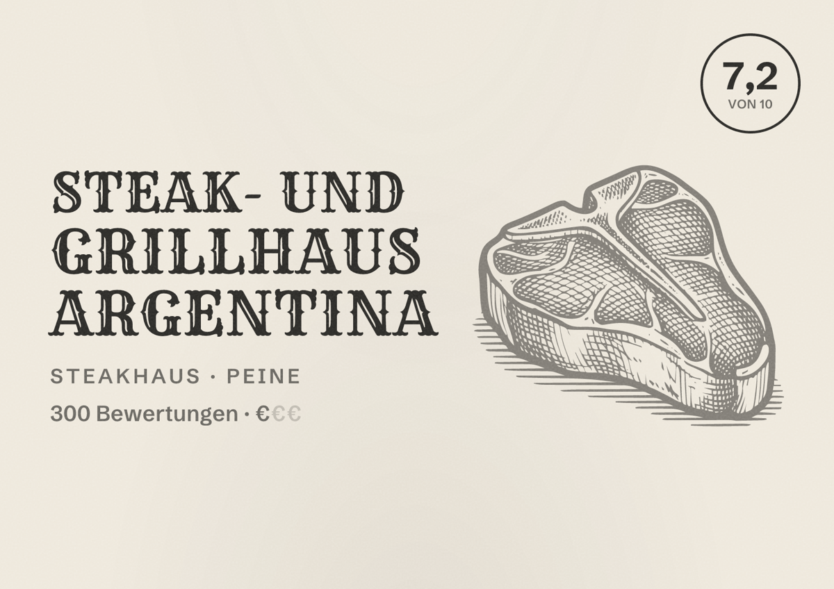 Illustriertes Poster von Steak- und Grillhaus Argentina, Steakhaus in Peine: Bewertung 7,2 von 10 aus 300 Bewertungen, Preisniveau €
