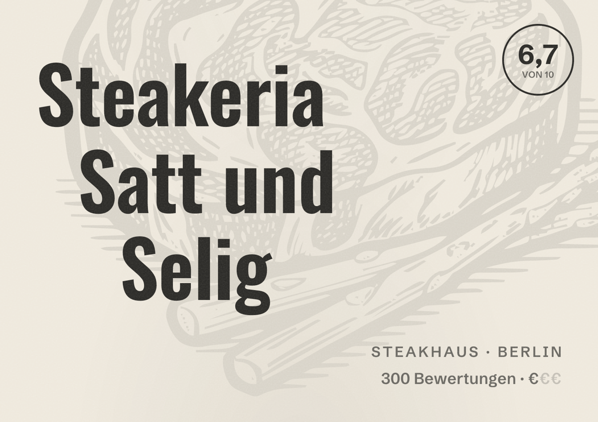 Illustriertes Poster von Steakeria Satt und Selig, Steakhaus in Berlin: Bewertung 6,7 von 10 aus 300 Bewertungen, Preisniveau €