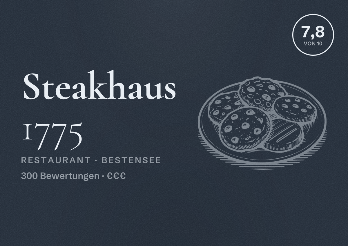 Illustriertes Poster von Steakhaus 1775, Restaurant in Bestensee: Bewertung 7,8 von 10 aus 300 Bewertungen, Preisniveau €€€