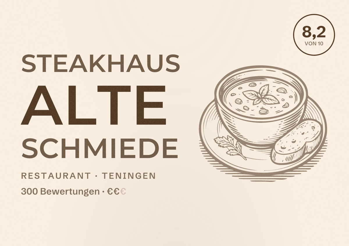 Illustriertes Poster von Steakhaus Alte Schmiede, Restaurant in Teningen: Bewertung 8,2 von 10 aus 300 Bewertungen, Preisniveau €€