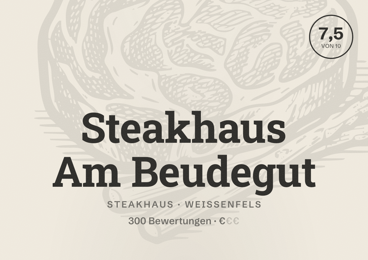 Illustriertes Poster von Steakhaus Am Beudegut, Steakhaus in Weißenfels: Bewertung 7,5 von 10 aus 300 Bewertungen, Preisniveau €