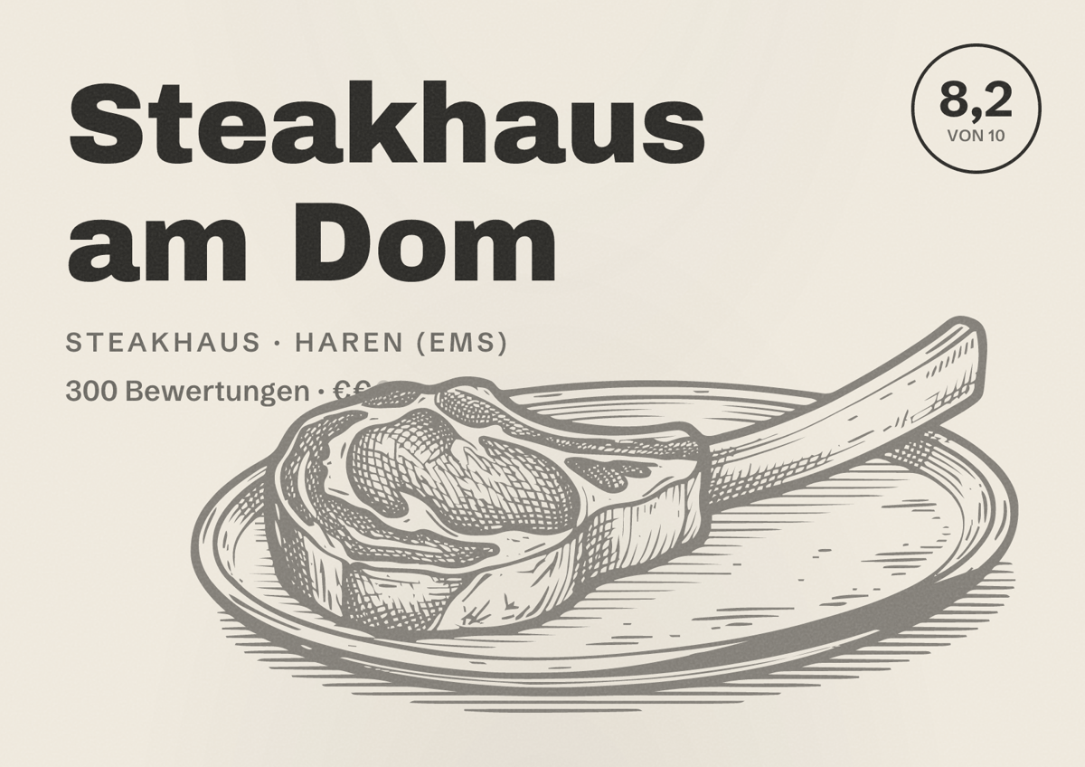 Illustriertes Poster von Steakhaus am Dom, Steakhaus in Haren (Ems): Bewertung 8,2 von 10 aus 300 Bewertungen, Preisniveau €€