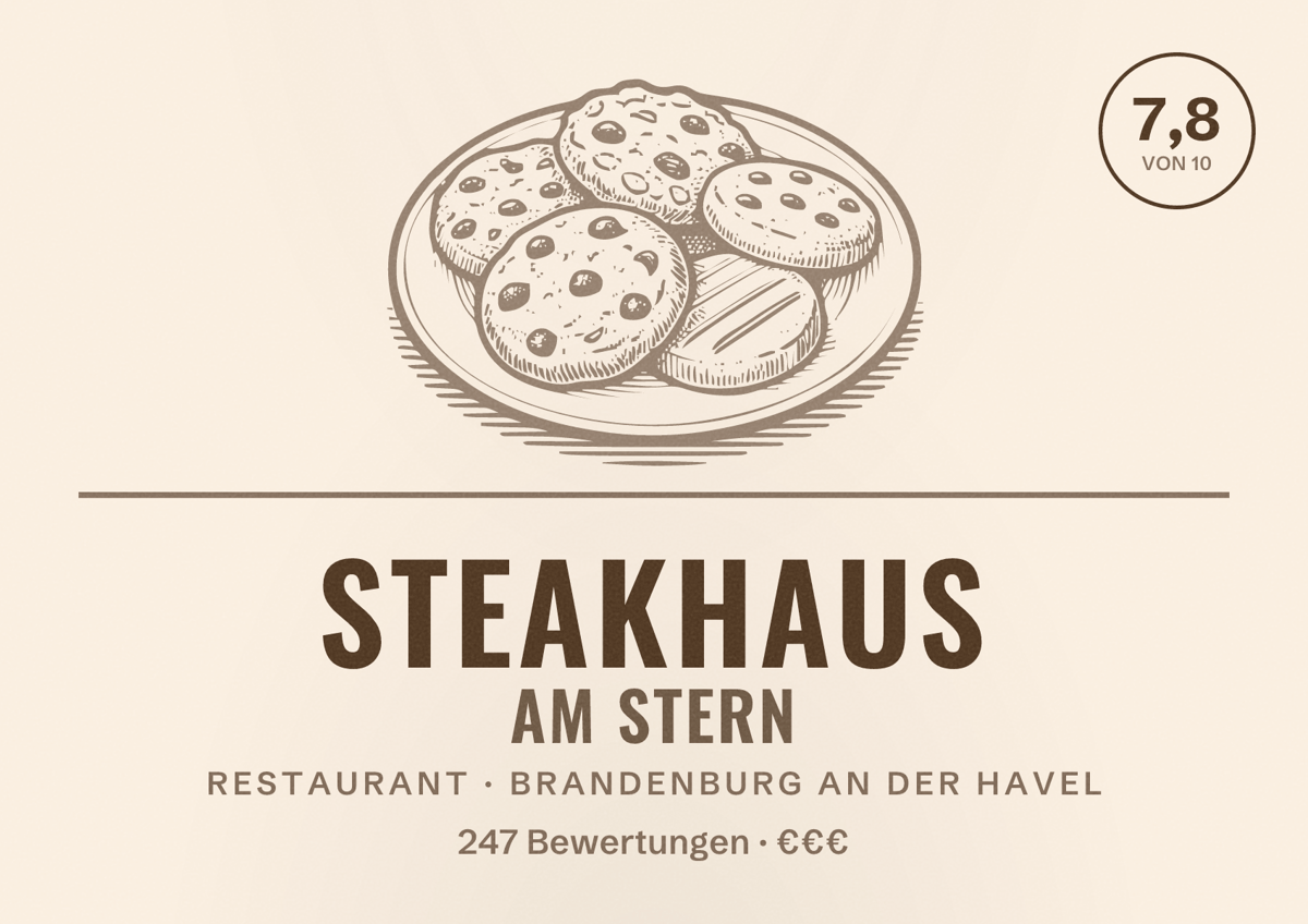 Illustriertes Poster von Steakhaus am Stern, Restaurant in Brandenburg an der Havel: Bewertung 7,8 von 10 aus 247 Bewertungen, Preisniveau €€€