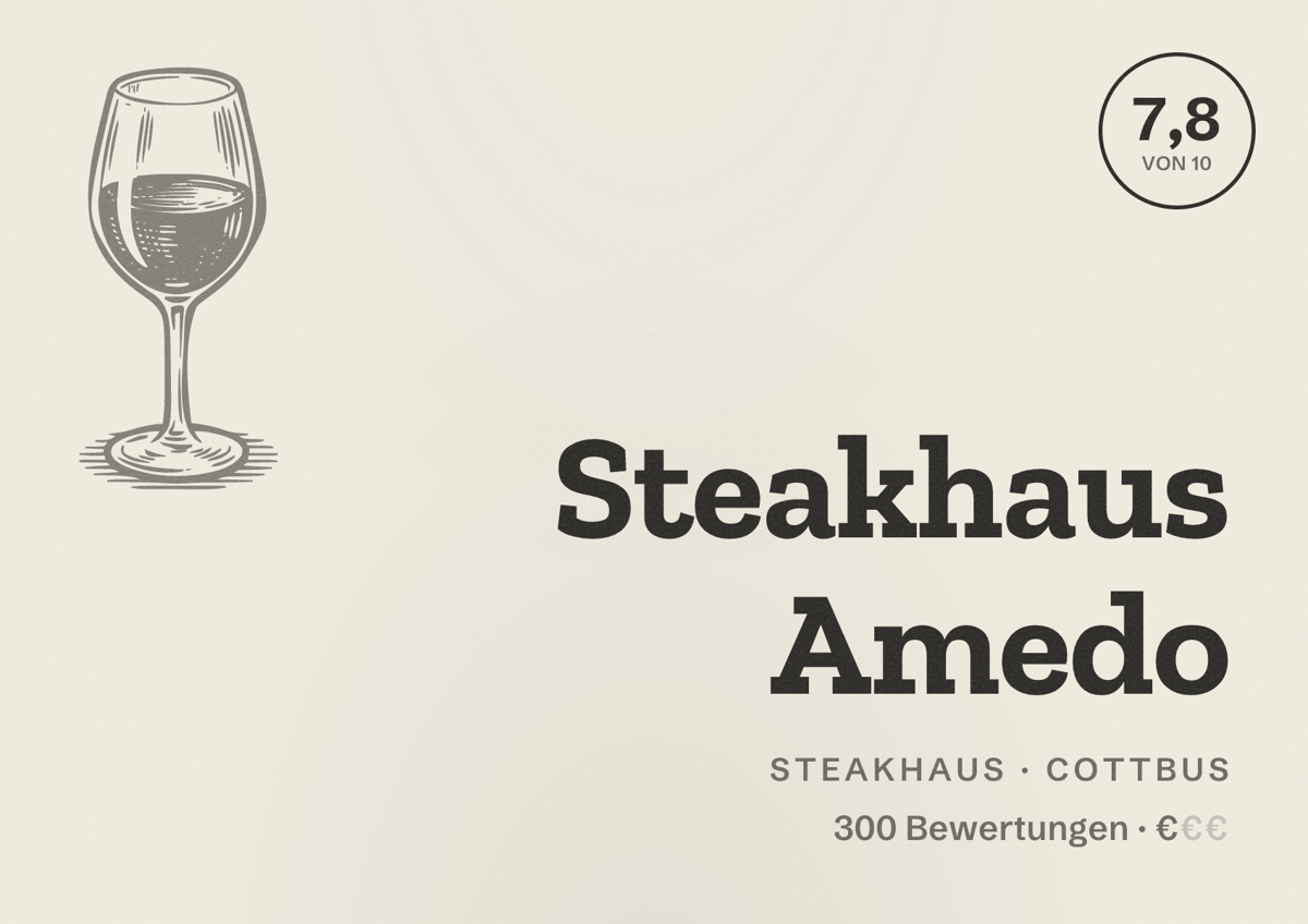 Illustriertes Poster von Steakhaus Amedo, Steakhaus in Cottbus: Bewertung 7,8 von 10 aus 300 Bewertungen, Preisniveau €