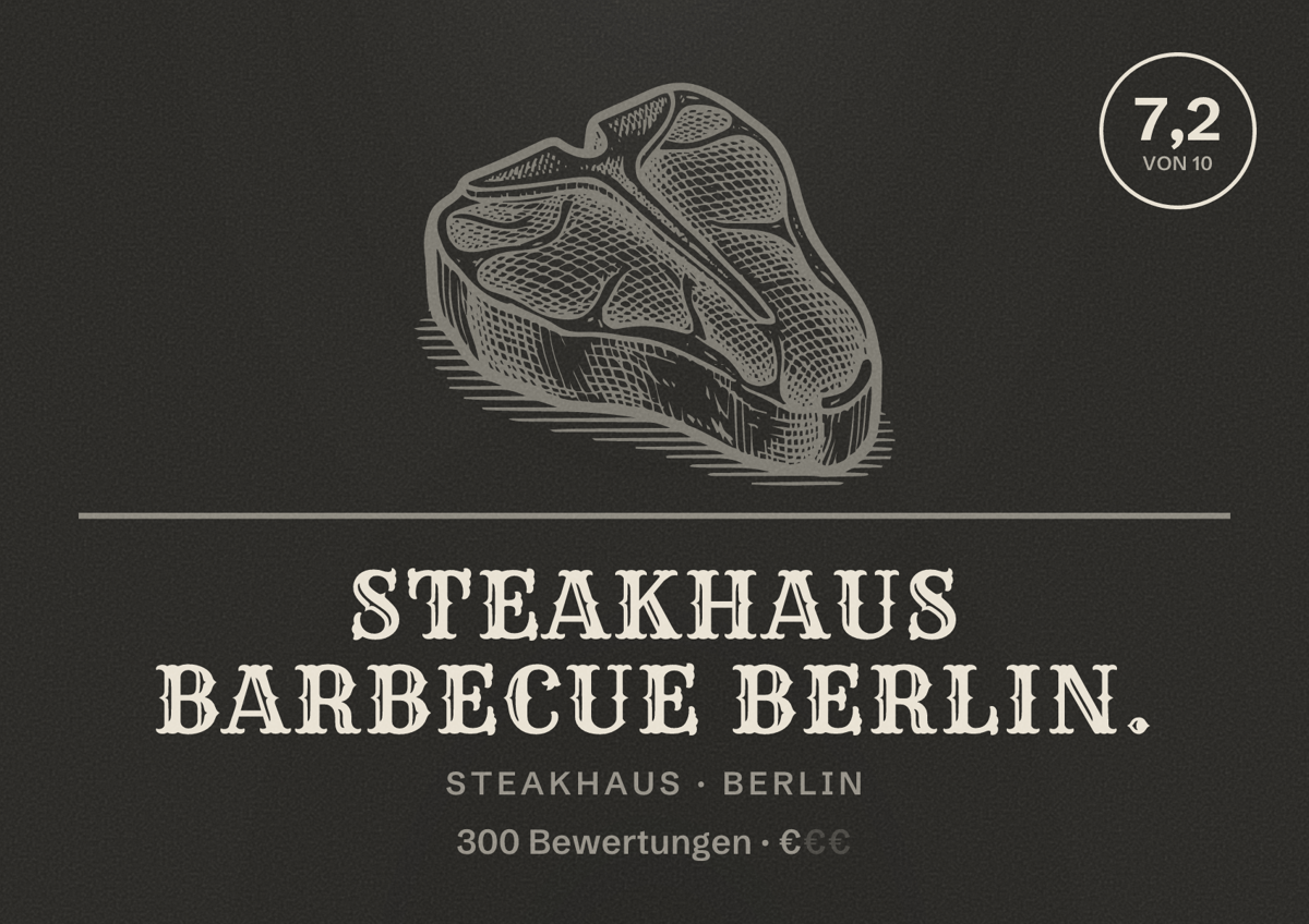 Illustriertes Poster von Steakhaus Barbecue Berlin., Steakhaus in Berlin: Bewertung 7,2 von 10 aus 300 Bewertungen, Preisniveau €