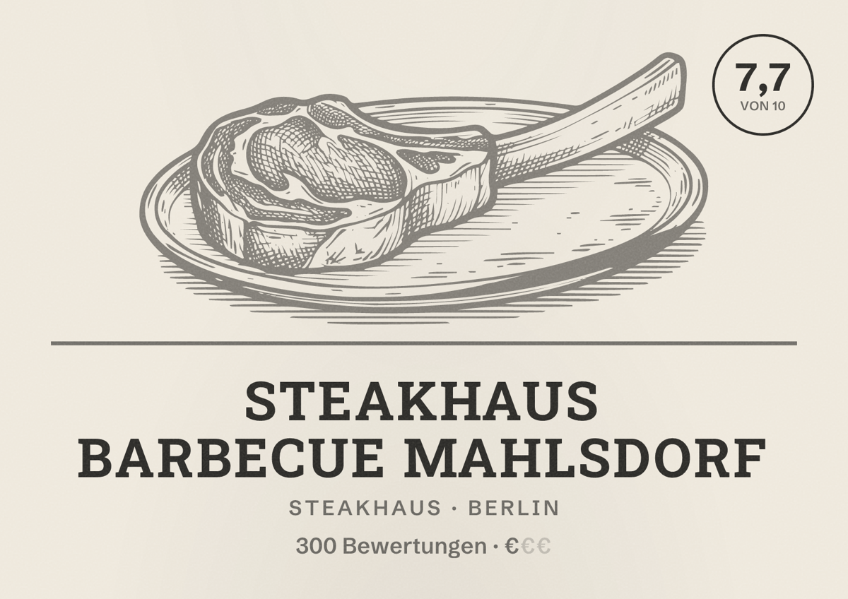 Illustriertes Poster von Steakhaus Barbecue Mahlsdorf, Steakhaus in Berlin: Bewertung 7,7 von 10 aus 300 Bewertungen, Preisniveau €
