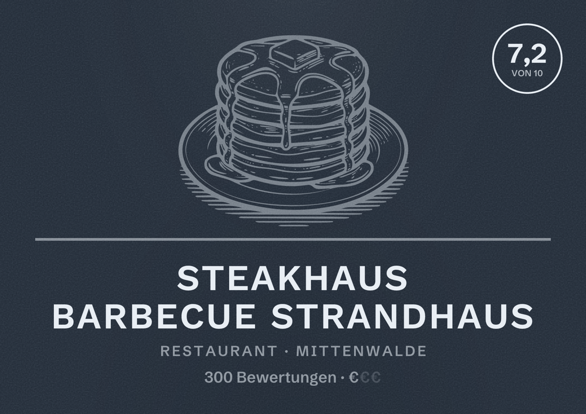 Illustriertes Poster von Steakhaus Barbecue Strandhaus, Restaurant in Mittenwalde: Bewertung 7,2 von 10 aus 300 Bewertungen, Preisniveau €