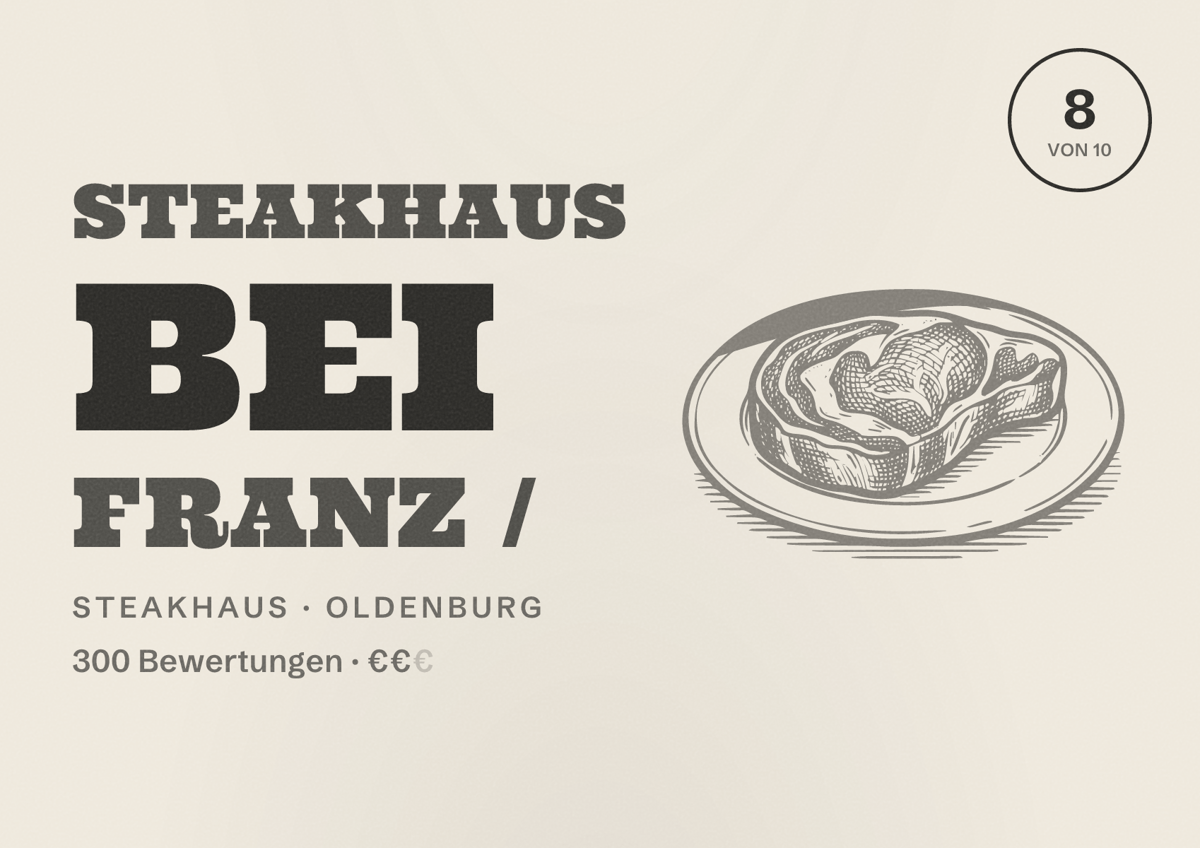 Illustriertes Poster von Steakhaus bei Franz /, Steakhaus in Oldenburg: Bewertung 8,0 von 10 aus 300 Bewertungen, Preisniveau €€