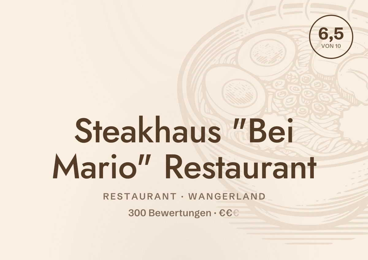 Illustriertes Poster von Steakhaus "Bei Mario" Restaurant, Restaurant in Wangerland: Bewertung 6,5 von 10 aus 300 Bewertungen, Preisniveau €€
