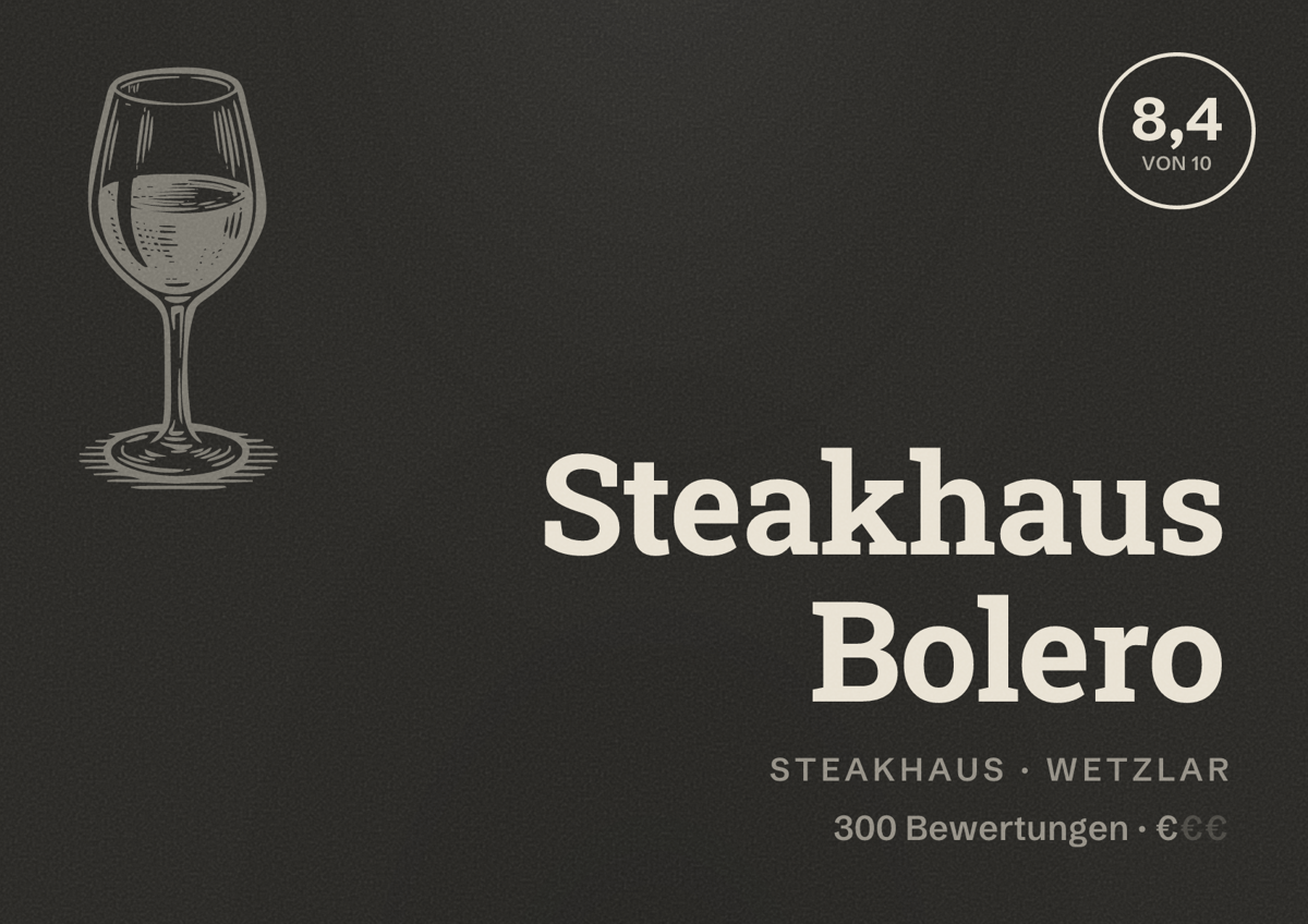 Illustriertes Poster von Steakhaus Bolero, Steakhaus in Wetzlar: Bewertung 8,4 von 10 aus 300 Bewertungen, Preisniveau €