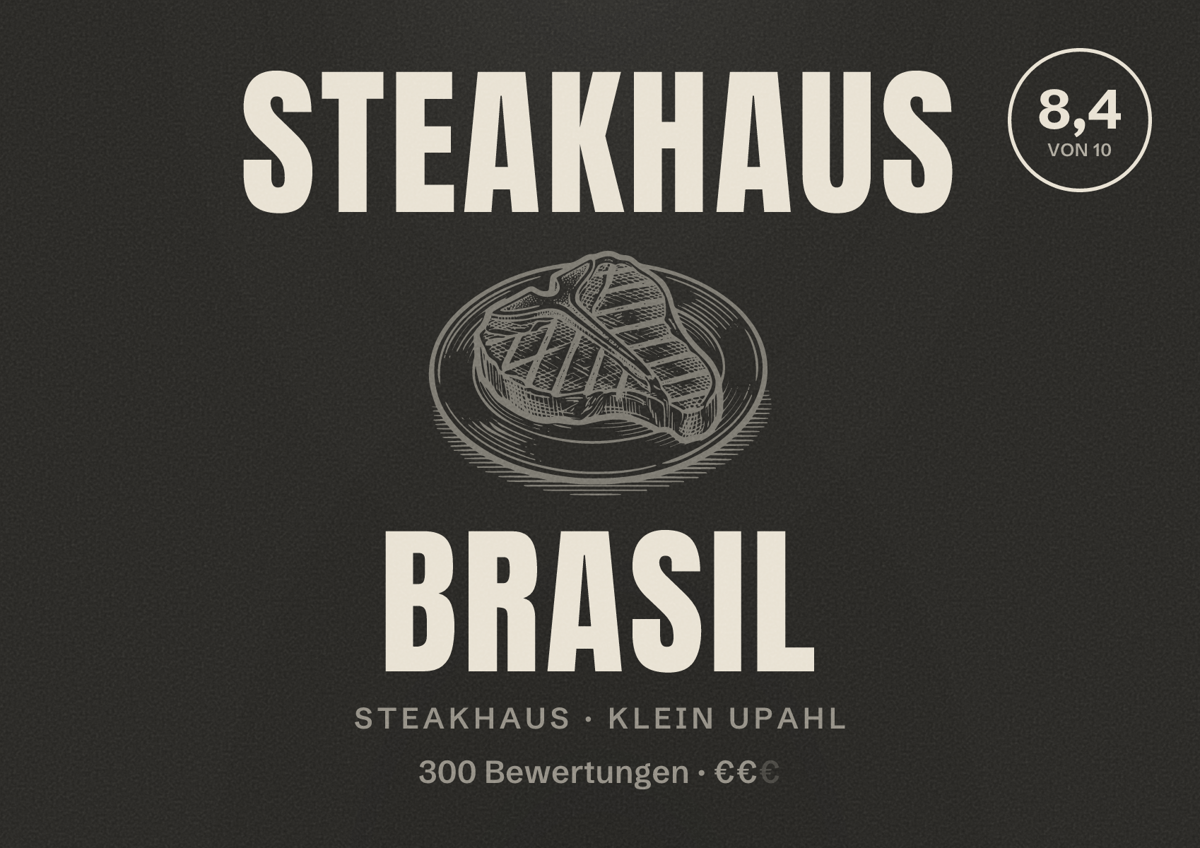 Illustriertes Poster von Steakhaus Brasil, Steakhaus in Klein Upahl: Bewertung 8,4 von 10 aus 300 Bewertungen, Preisniveau €€