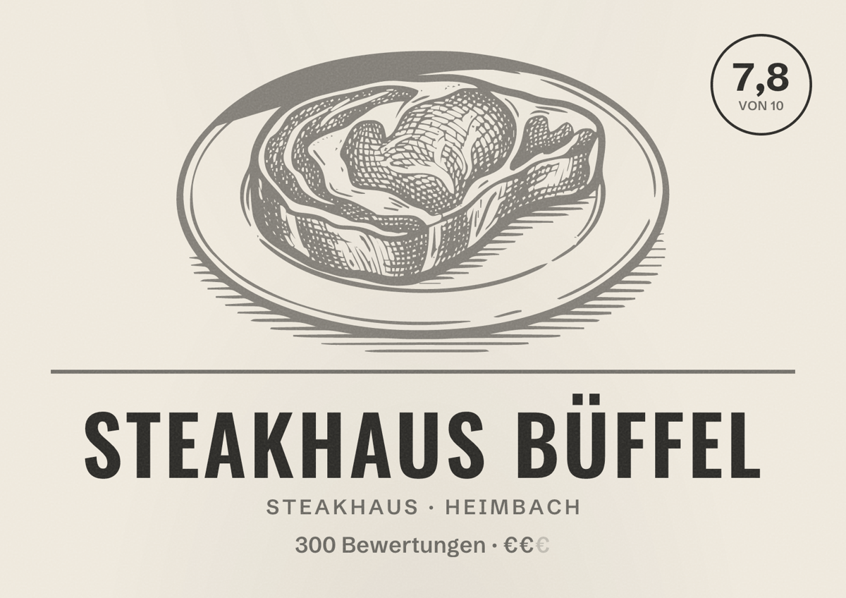 Illustriertes Poster von Steakhaus Büffel, Steakhaus in Heimbach: Bewertung 7,8 von 10 aus 300 Bewertungen, Preisniveau €€