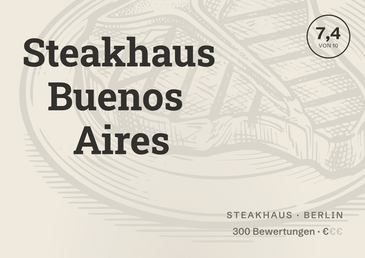 Illustriertes Poster von Steakhaus Buenos Aires, Steakhaus in Berlin: Bewertung 7,4 von 10 aus 300 Bewertungen, Preisniveau €