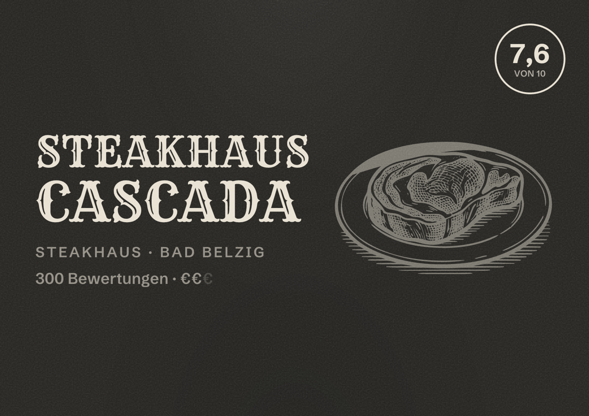 Illustriertes Poster von Steakhaus Cascada, Steakhaus in Bad Belzig: Bewertung 7,6 von 10 aus 300 Bewertungen, Preisniveau €€