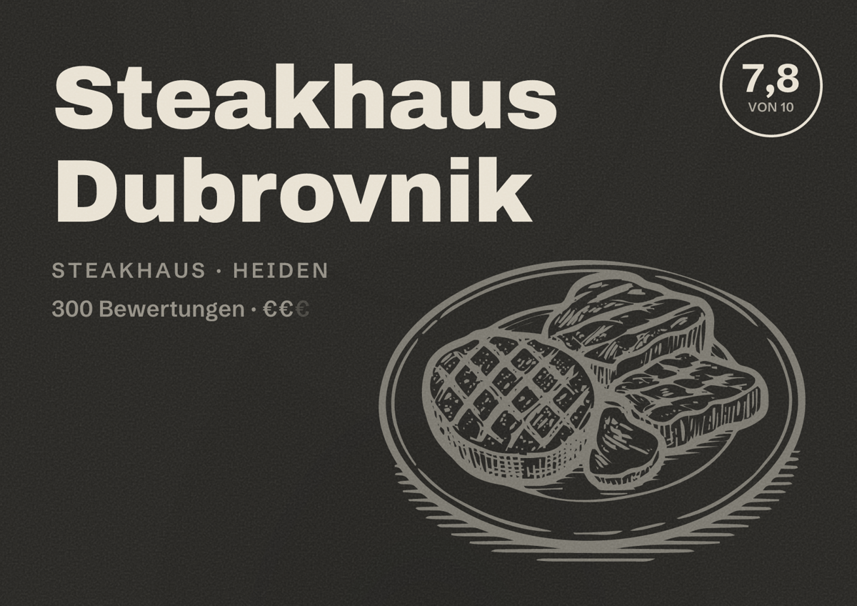 Illustriertes Poster von Steakhaus Dubrovnik, Steakhaus in Heiden: Bewertung 7,8 von 10 aus 300 Bewertungen, Preisniveau €€