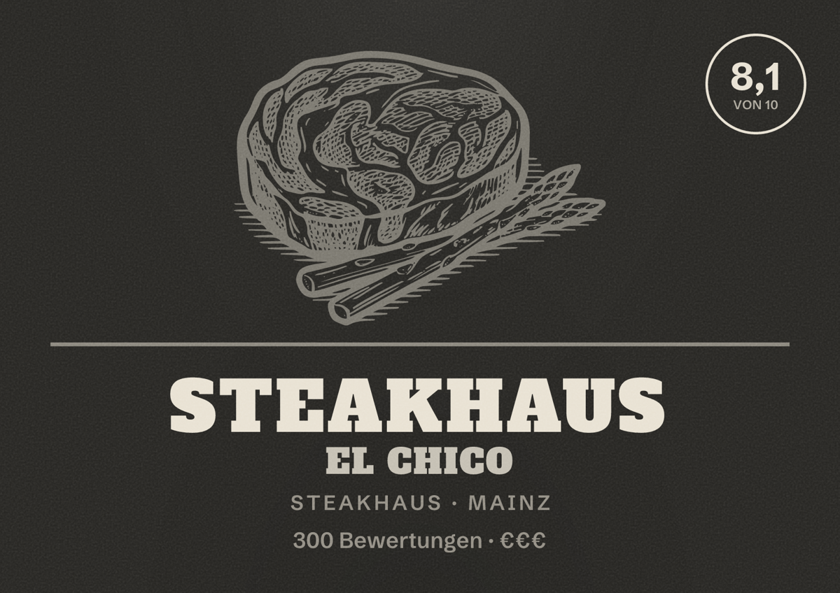 Illustriertes Poster von Steakhaus El Chico, Steakhaus in Mainz: Bewertung 8,1 von 10 aus 300 Bewertungen, Preisniveau €€€