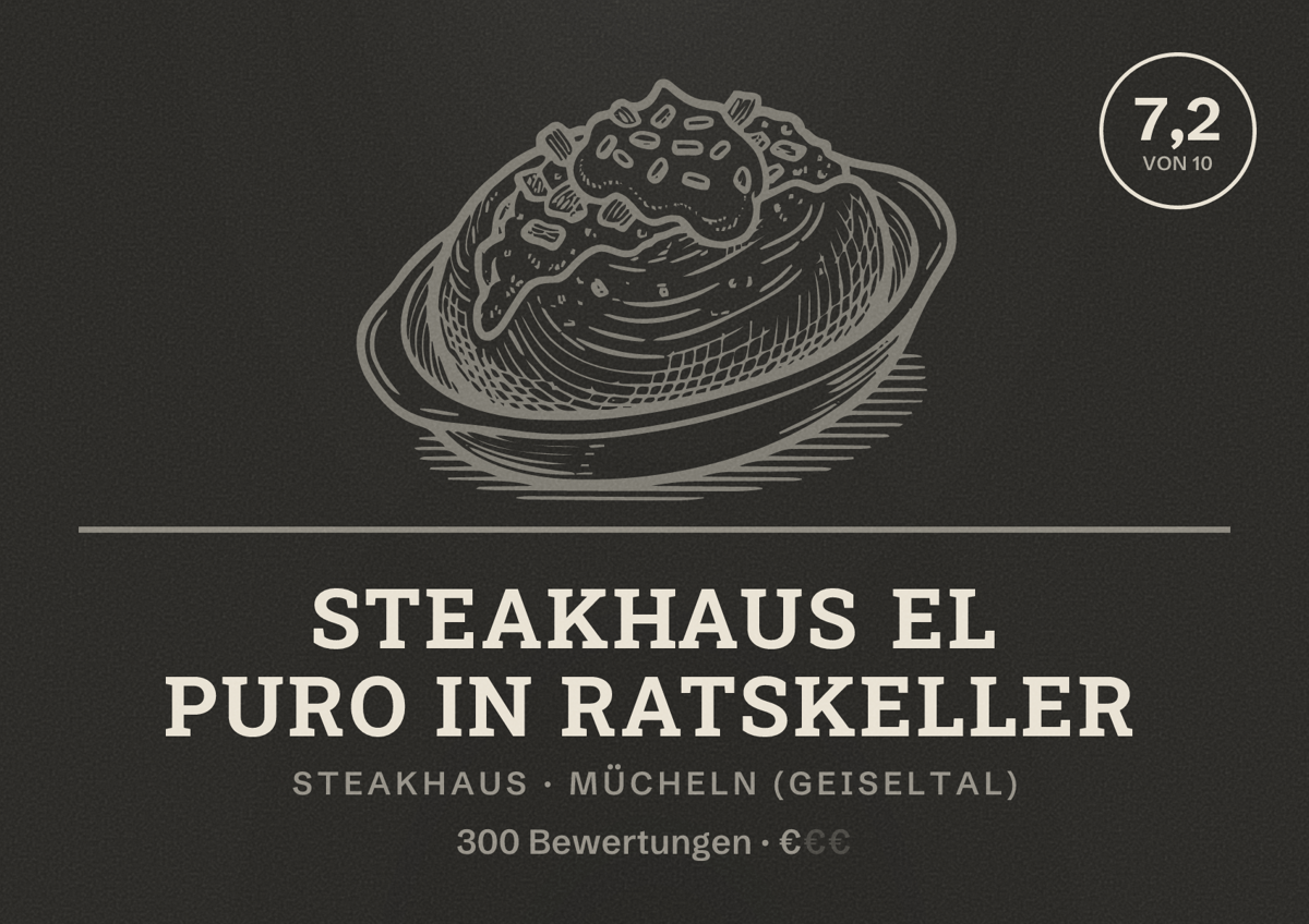 Illustriertes Poster von Steakhaus El Puro in Ratskeller, Steakhaus in Mücheln (Geiseltal): Bewertung 7,2 von 10 aus 300 Bewertungen, Preisniveau €