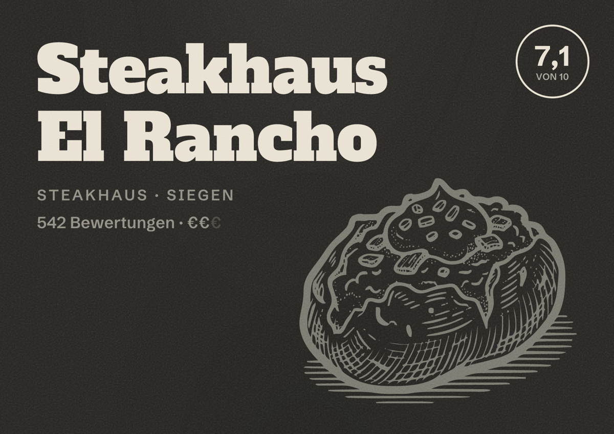 Illustriertes Poster von Steakhaus El Rancho, Steakhaus in Siegen: Bewertung 7,1 von 10 aus 542 Bewertungen, Preisniveau €€