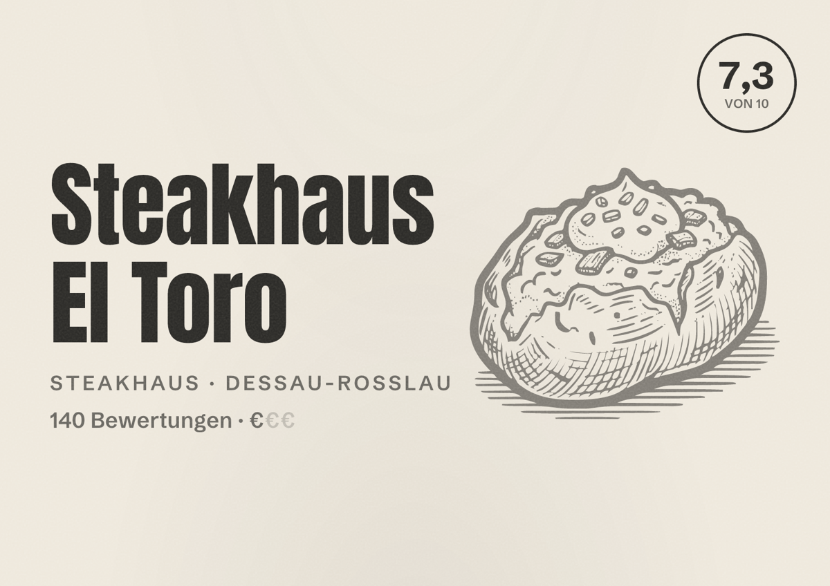 Illustriertes Poster von Steakhaus El Toro, Steakhaus in Dessau-Roßlau: Bewertung 7,3 von 10 aus 140 Bewertungen, Preisniveau €