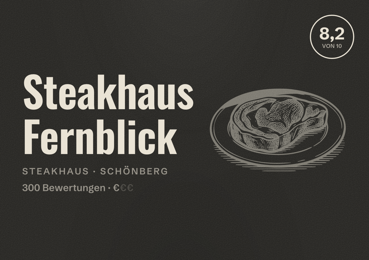 Illustriertes Poster von Steakhaus Fernblick, Steakhaus in Schönberg: Bewertung 8,2 von 10 aus 300 Bewertungen, Preisniveau €