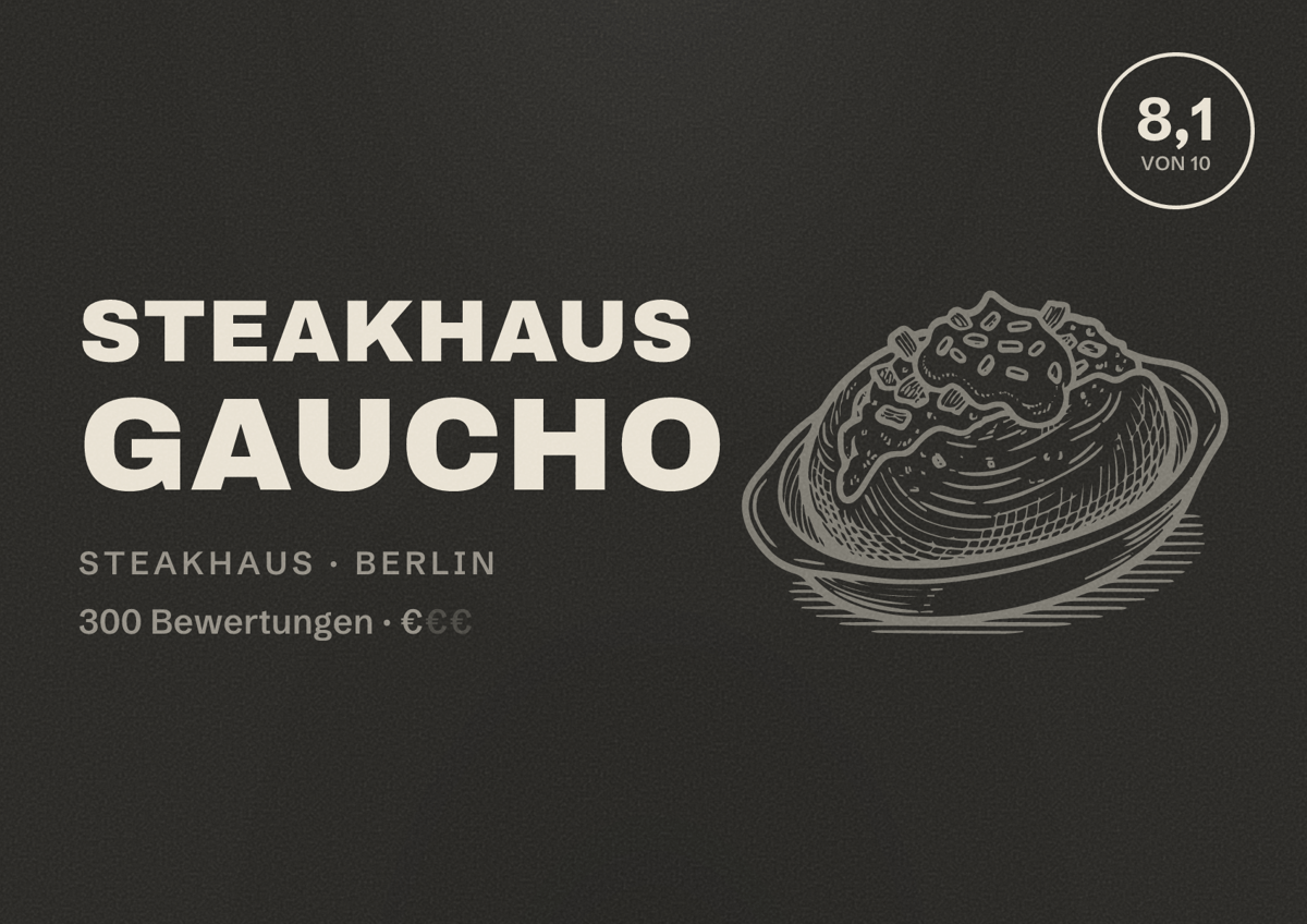 Illustriertes Poster von Steakhaus Gaucho, Steakhaus in Berlin: Bewertung 8,1 von 10 aus 300 Bewertungen, Preisniveau €