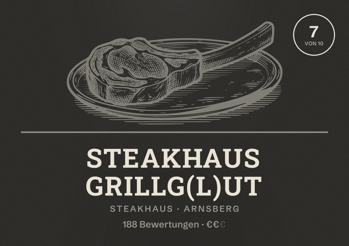 Illustriertes Poster von Steakhaus Grillg(l)ut, Steakhaus in Arnsberg: Bewertung 7 von 10 aus 188 Bewertungen, Preisniveau €€