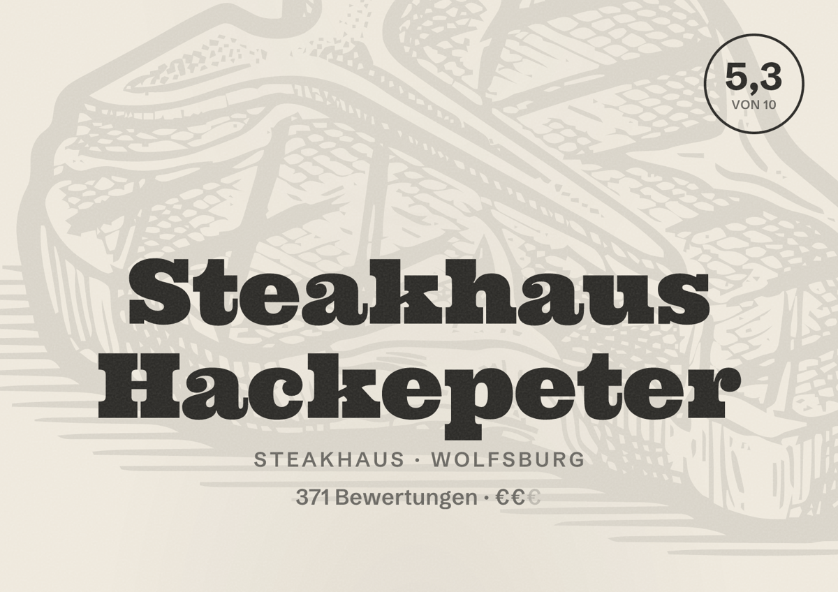 Illustriertes Poster von Steakhaus Hackepeter, Steakhaus in Wolfsburg: Bewertung 5,3 von 10 aus 371 Bewertungen, Preisniveau €€