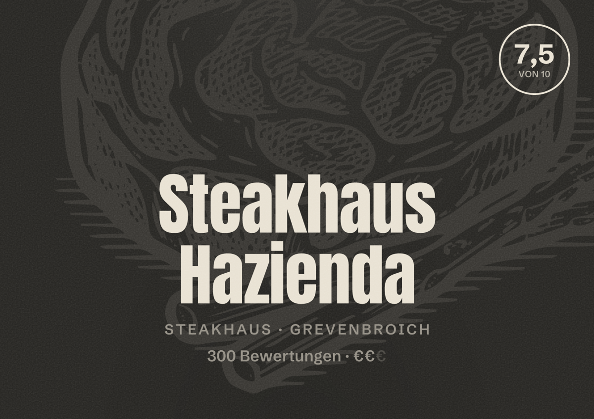 Illustriertes Poster von Steakhaus Hazienda, Steakhaus in Grevenbroich: Bewertung 7,5 von 10 aus 300 Bewertungen, Preisniveau €€