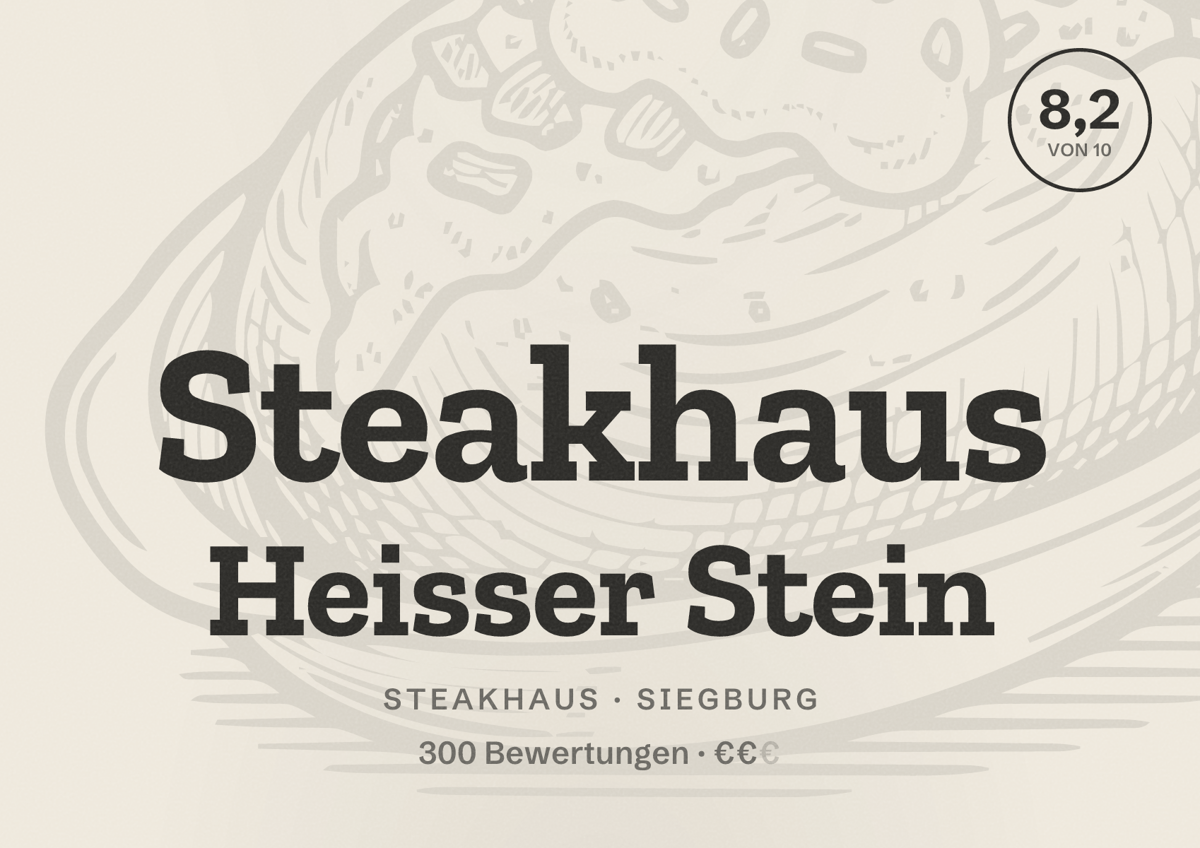 Illustriertes Poster von Steakhaus Heisser Stein, Steakhaus in Siegburg: Bewertung 8,2 von 10 aus 300 Bewertungen, Preisniveau €€