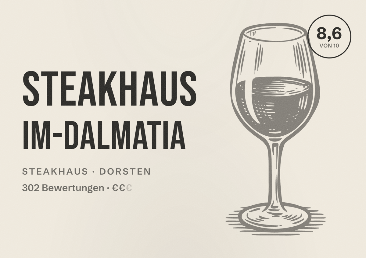 Illustriertes Poster von Steakhaus IM-DALMATIA, Steakhaus in Dorsten: Bewertung 8,6 von 10 aus 302 Bewertungen, Preisniveau €€