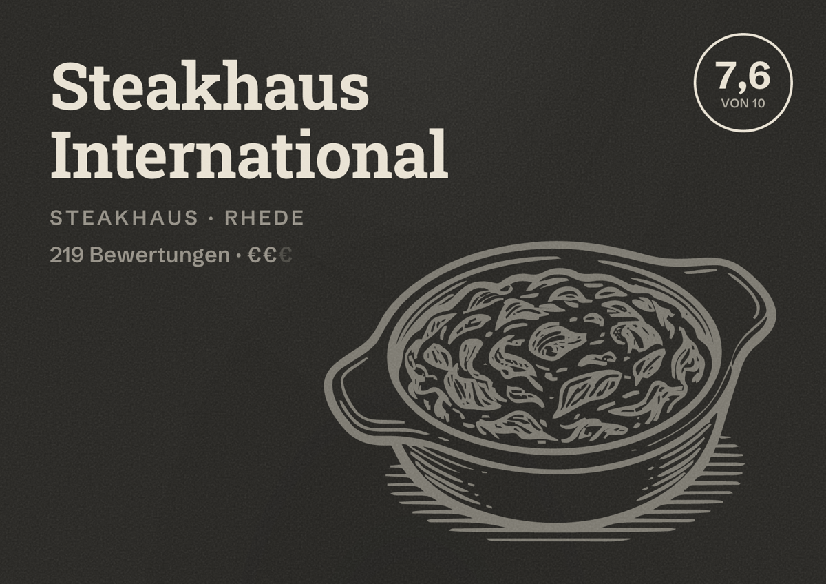 Illustriertes Poster von Steakhaus International, Steakhaus in Rhede: Gästebewertung 7,6 von 10 aus 219 Bewertungen