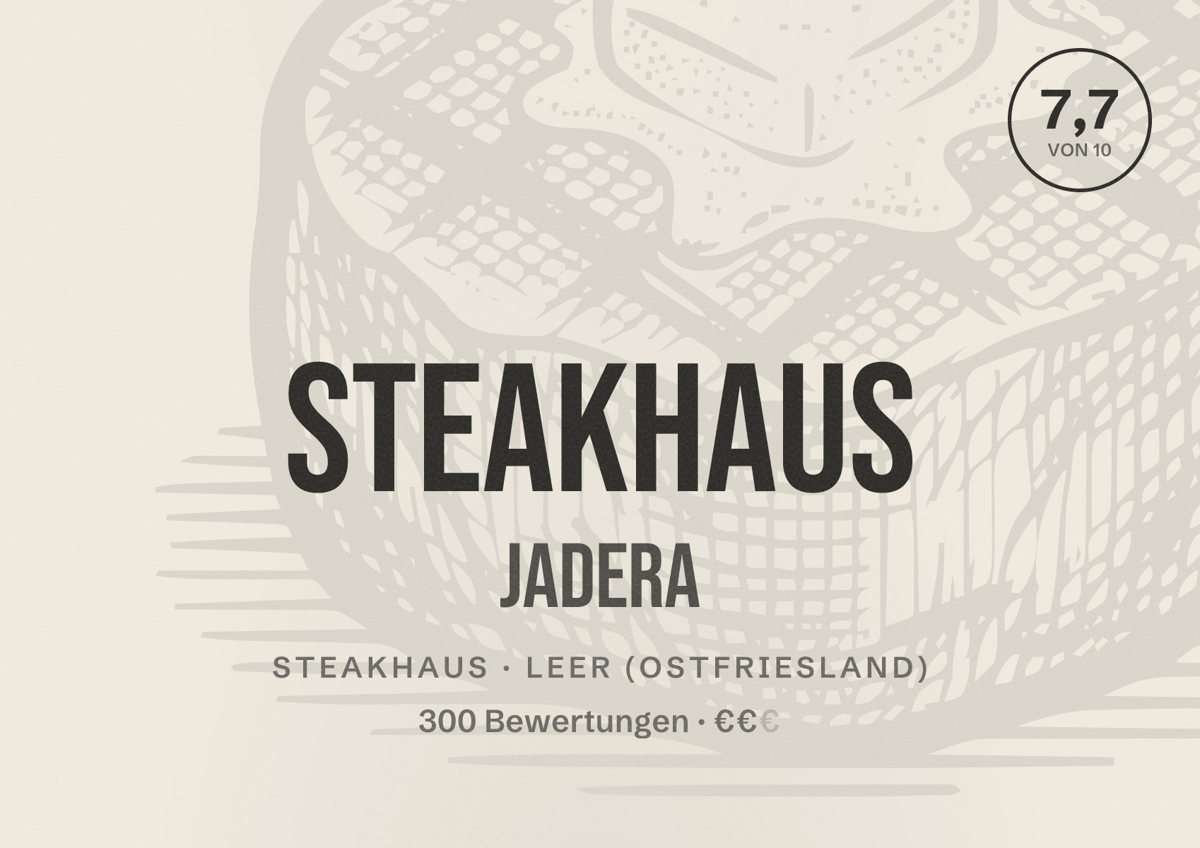 Illustriertes Poster von Steakhaus Jadera, Steakhaus in Leer (Ostfriesland): Bewertung 7,7 von 10 aus 300 Bewertungen, Preisniveau €€