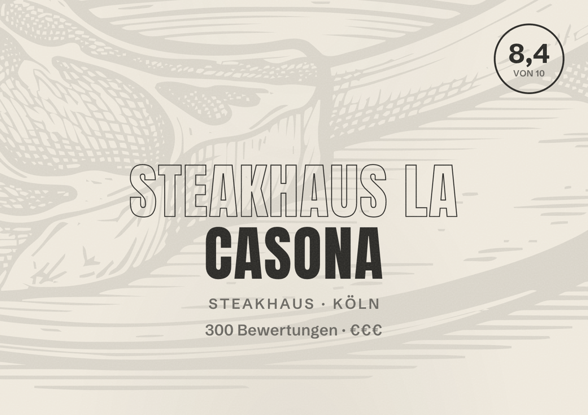 Illustriertes Poster von Steakhaus La Casona, Steakhaus in Köln: Bewertung 8,4 von 10 aus 300 Bewertungen, Preisniveau €€€