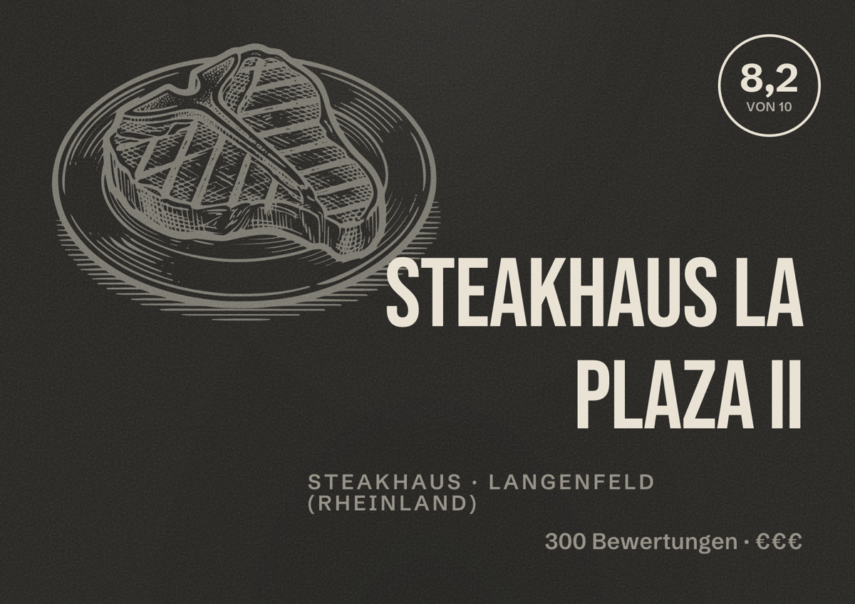 Illustriertes Poster von Steakhaus La Plaza II, Steakhaus in Langenfeld (Rheinland): Bewertung 8,2 von 10 aus 300 Bewertungen, Preisniveau €€€