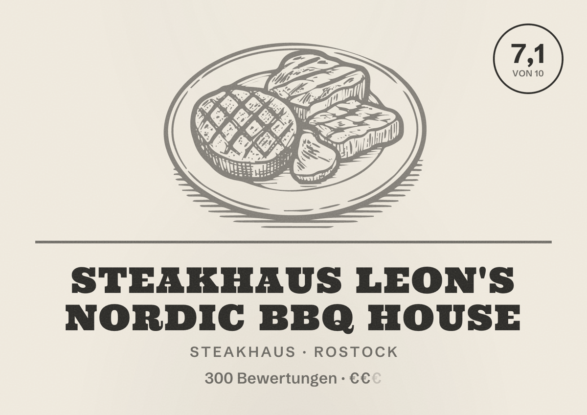 Illustriertes Poster von Steakhaus Leon's Nordic BBQ House, Steakhaus in Rostock: Bewertung 7,1 von 10 aus 300 Bewertungen, Preisniveau €€