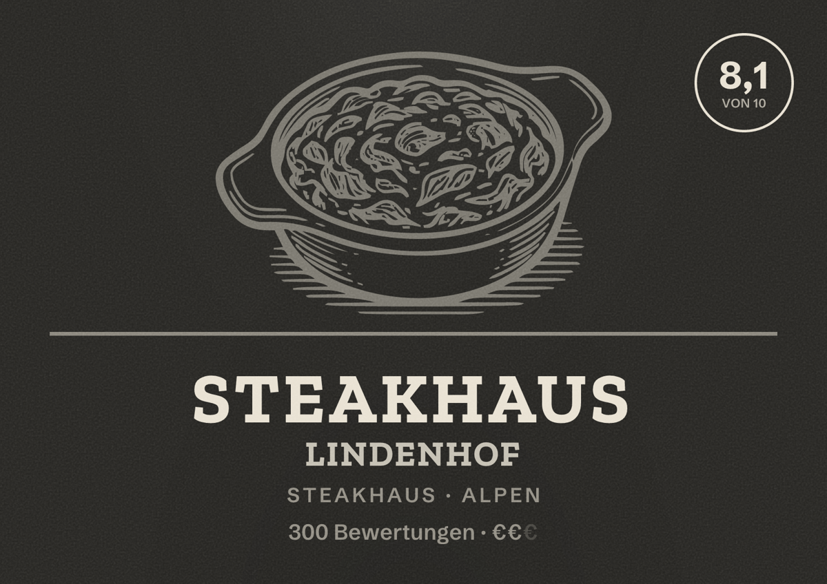 Illustriertes Poster von Steakhaus Lindenhof, Steakhaus in Alpen: Bewertung 8,1 von 10 aus 300 Bewertungen, Preisniveau €€
