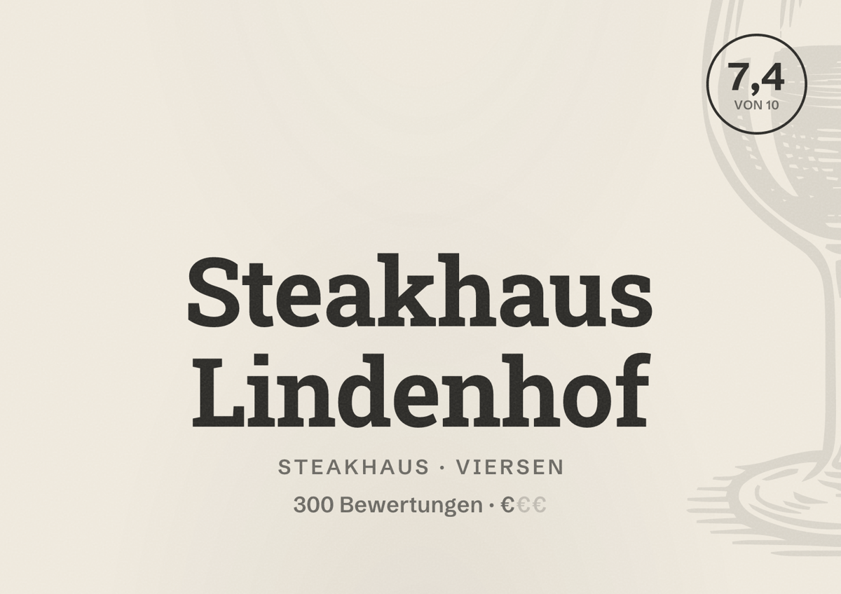 Illustriertes Poster von Steakhaus Lindenhof, Steakhaus in Viersen: Bewertung 7,4 von 10 aus 300 Bewertungen, Preisniveau €