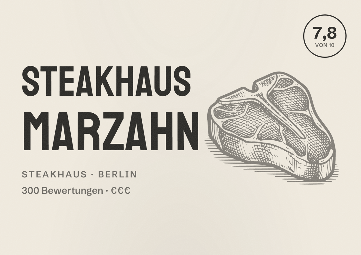 Illustriertes Poster von Steakhaus Marzahn, Steakhaus in Berlin: Bewertung 7,8 von 10 aus 300 Bewertungen, Preisniveau €€€