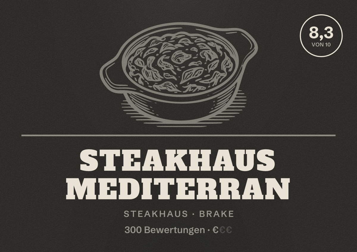 Illustriertes Poster von Steakhaus Mediterran, Steakhaus in Brake: Bewertung 8,3 von 10 aus 300 Bewertungen, Preisniveau €