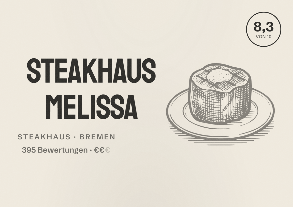 Illustriertes Poster von Steakhaus Melissa, Steakhaus in Bremen: Bewertung 8,3 von 10 aus 395 Bewertungen, Preisniveau €€