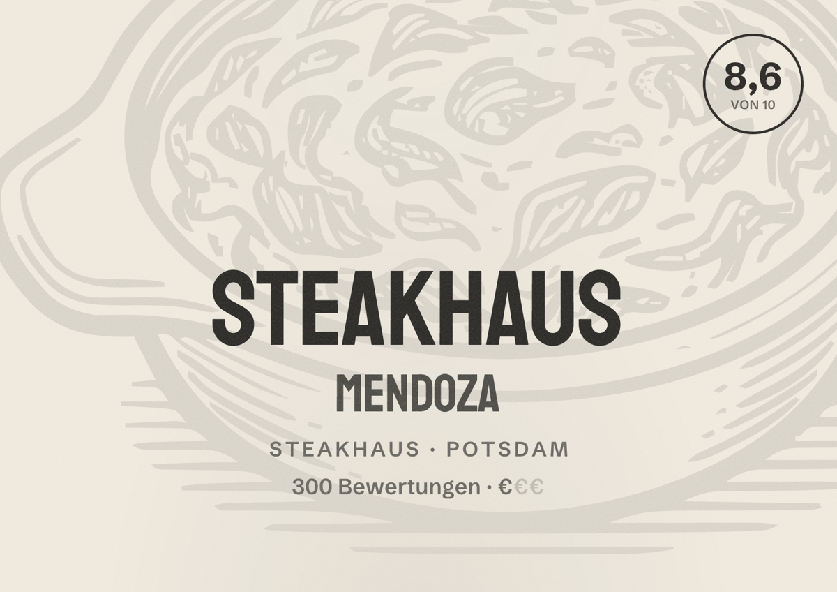 Illustriertes Poster von Steakhaus MENDOZA, Steakhaus in Potsdam: Bewertung 8,6 von 10 aus 300 Bewertungen, Preisniveau €